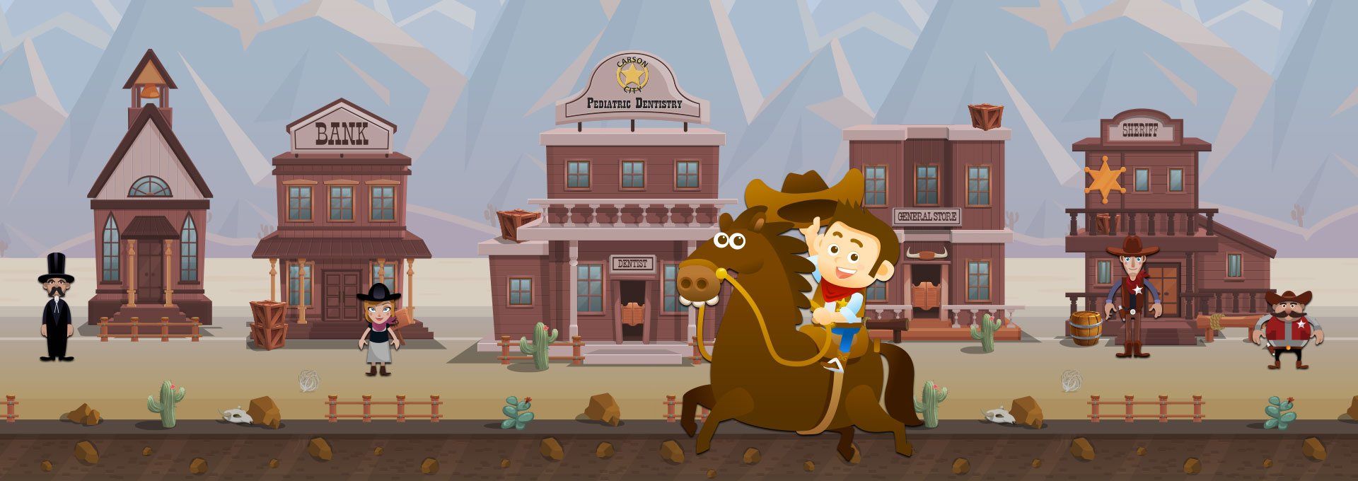 Cartoon western town with cowboy on horseback.