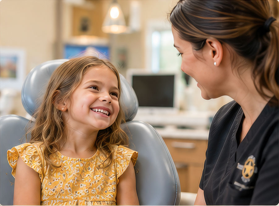 Smiling girl talks with dentist in dental chair